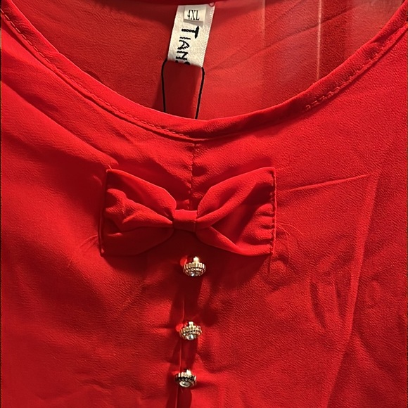 Coquette lolita RED chiffon SHEER blouse short flutter sleeves gem BOW TIE shirt - Picture 11 of 16